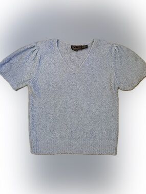 VINTAGE Rochelle Blue Fuzzy Knit Sweater Top Large Short Sleeve 90s